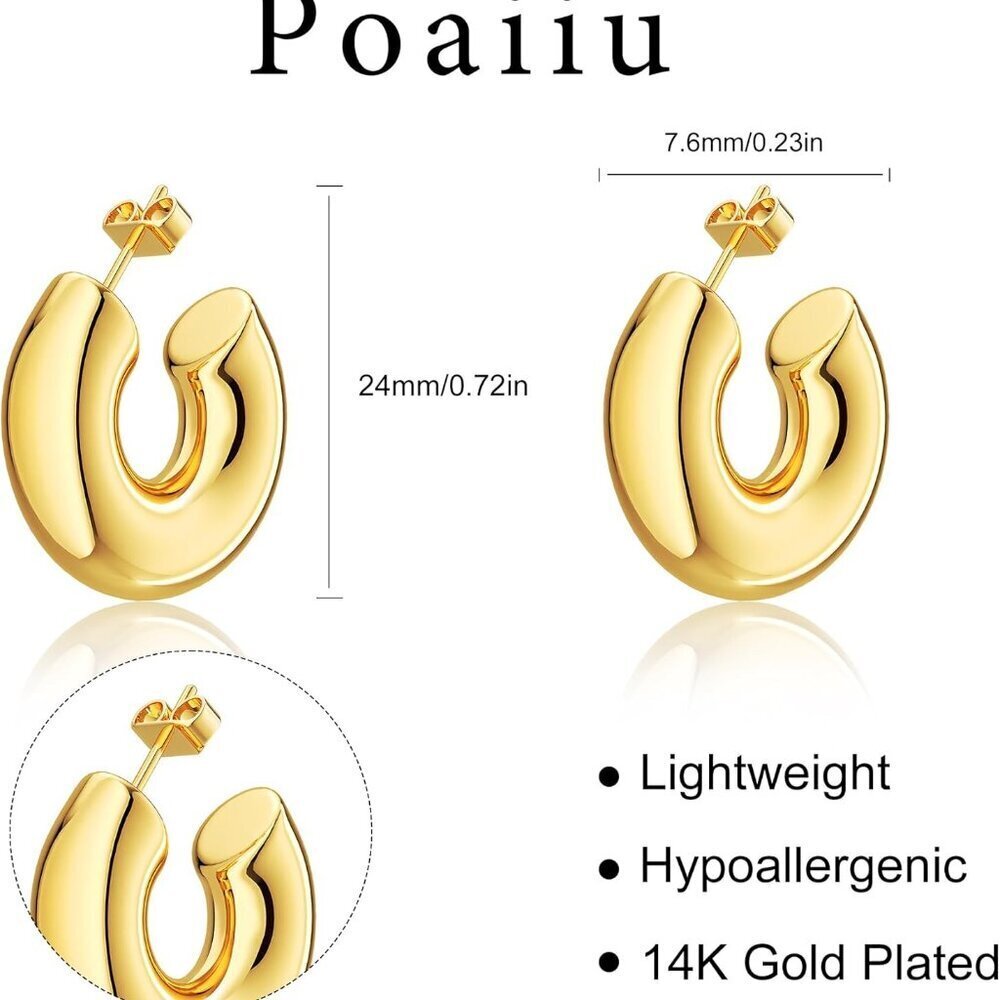 Chunky Gold Hoop Earrings for Women 14K Plated Waterdrop Dainty Jewelry - Picture 6 of 7
